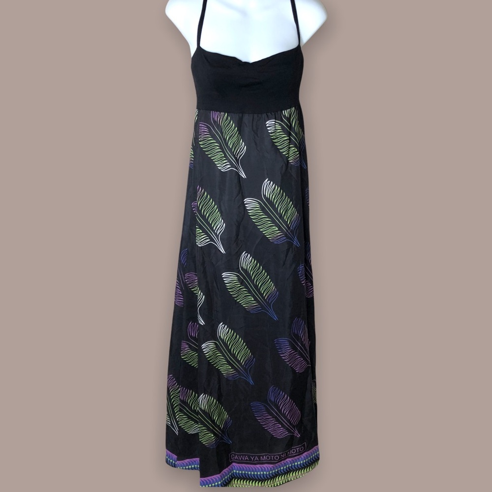 Lalesso silk blend African leaf pattern maxi dress medium black floral